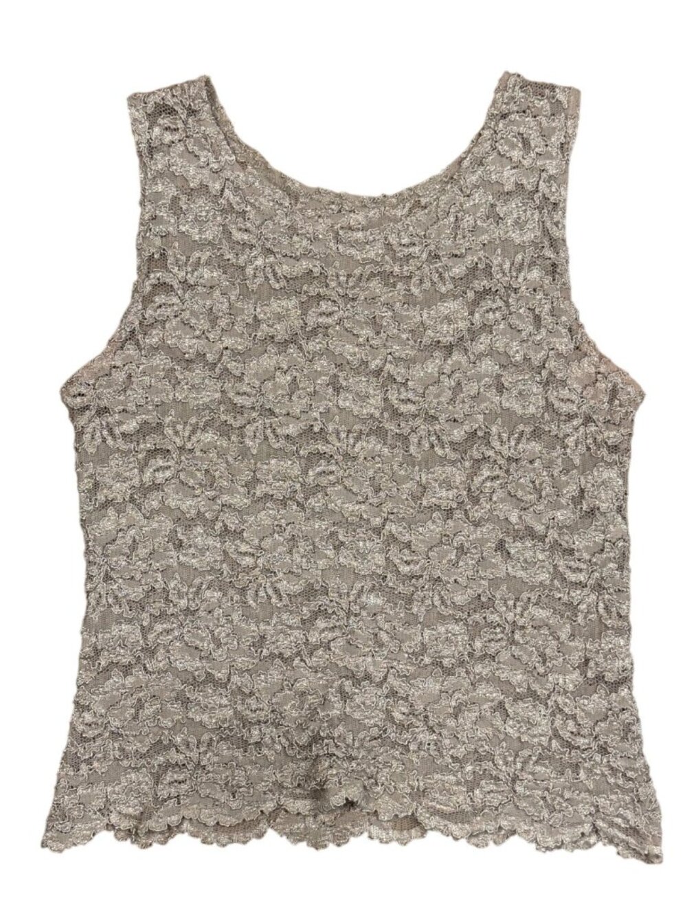 Vintage 90s Beige Lace Trim Sleeveless Tank Top Scalloped Hem Stretch Layering T